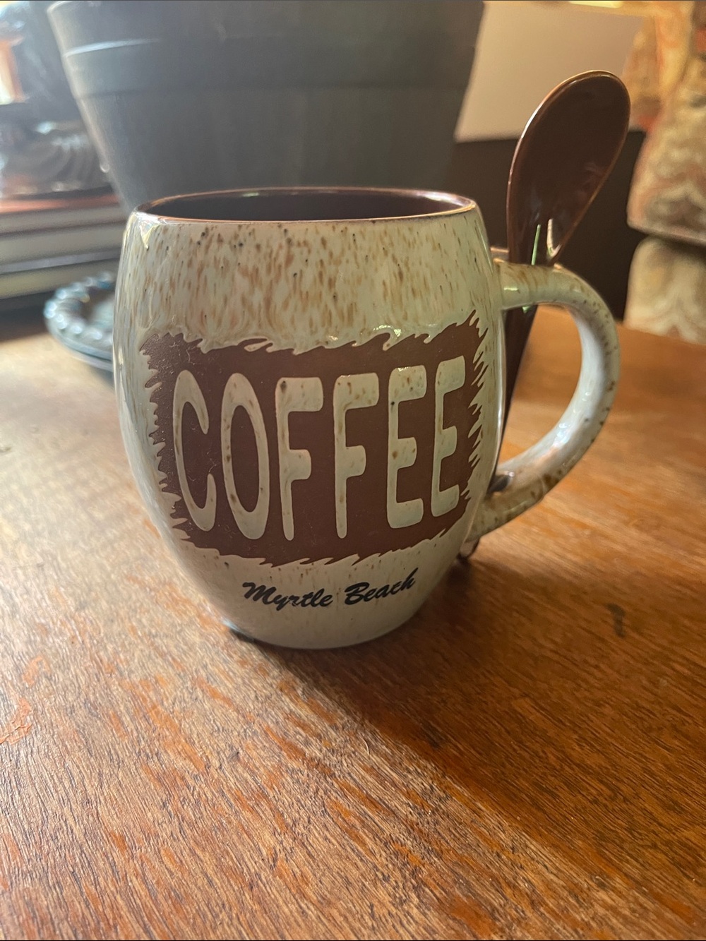 Myrtle Beach Brown & Cream Ceramic Coffee Mug with Spoon